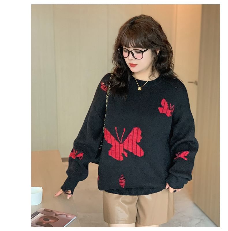 Plus Size Crew Neck Butterfly Jacquard Distressed Sweater