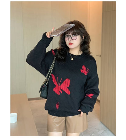 Plus Size Crew Neck Butterfly Jacquard Distressed Sweater