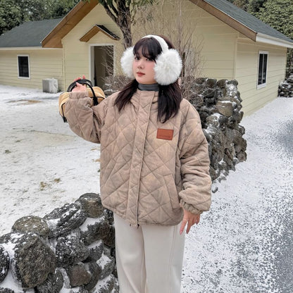 Plus Size Tie Dye Quilted Hooded Zip-Up Corduroy Jacket