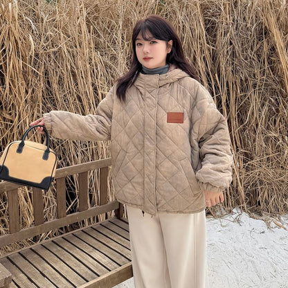 Plus Size Tie Dye Quilted Hooded Zip-Up Corduroy Jacket