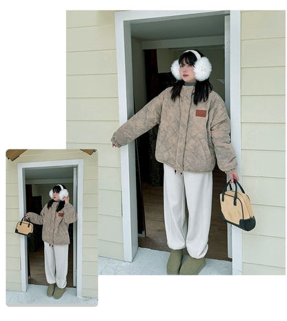 Plus Size Tie Dye Quilted Hooded Zip-Up Corduroy Jacket