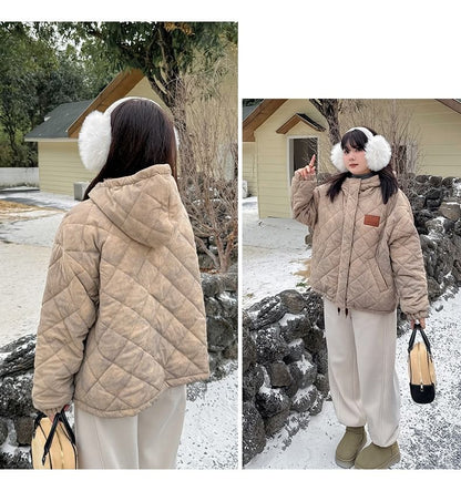 Plus Size Tie Dye Quilted Hooded Zip-Up Corduroy Jacket