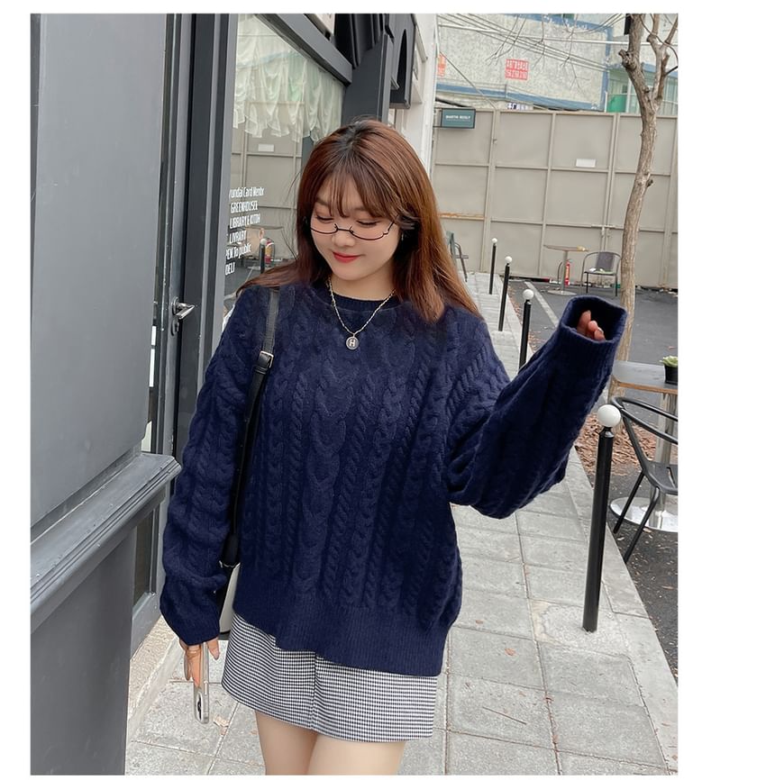 Plus Size Crew Neck Plain Cable Knit Sweater