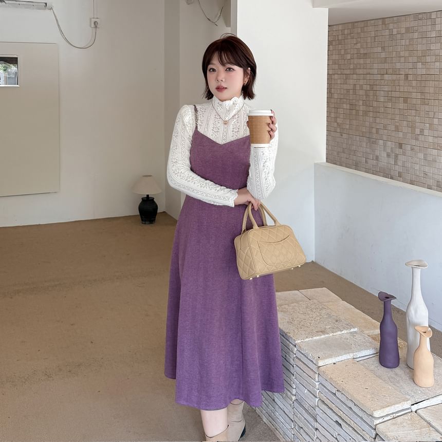 Plus Size Set: Long-Sleeve Turtleneck Lace Top + Spaghetti Strap V-Neck Plain Midi A-Line Dress