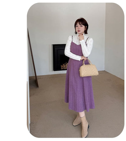 Plus Size Set: Long-Sleeve Turtleneck Lace Top + Spaghetti Strap V-Neck Plain Midi A-Line Dress