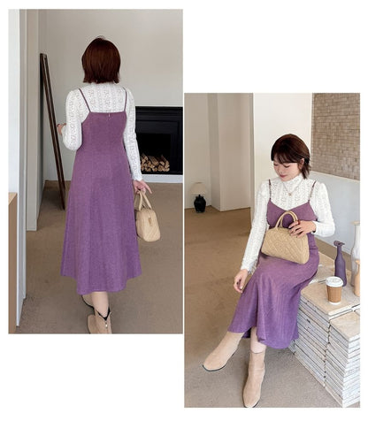 Plus Size Set: Long-Sleeve Turtleneck Lace Top + Spaghetti Strap V-Neck Plain Midi A-Line Dress