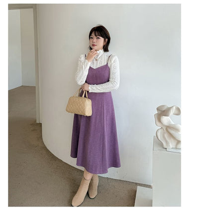 Plus Size Set: Long-Sleeve Turtleneck Lace Top + Spaghetti Strap V-Neck Plain Midi A-Line Dress