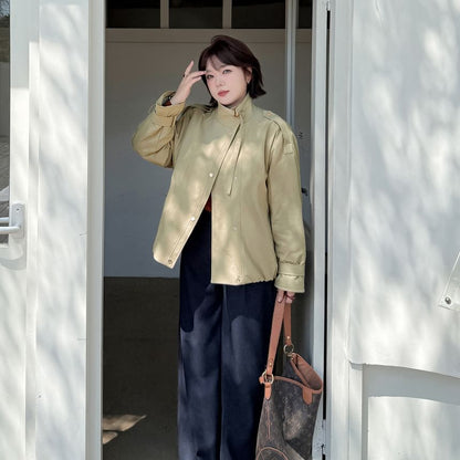 Plus Size Stand Collar Button-Up Plain Jacket