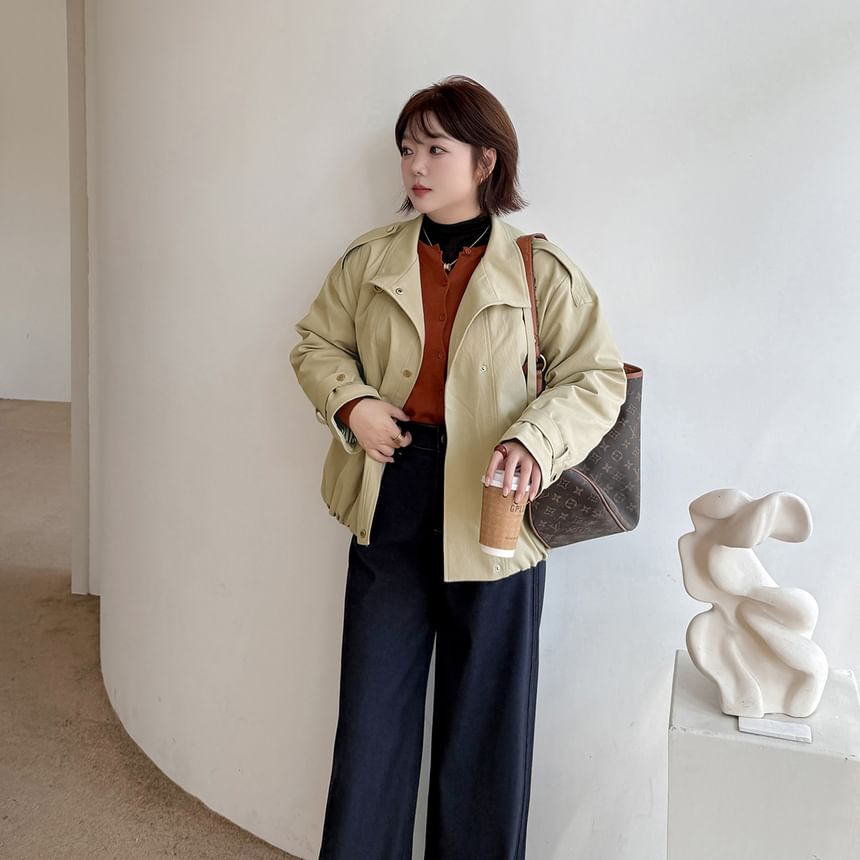 Plus Size Stand Collar Button-Up Plain Jacket