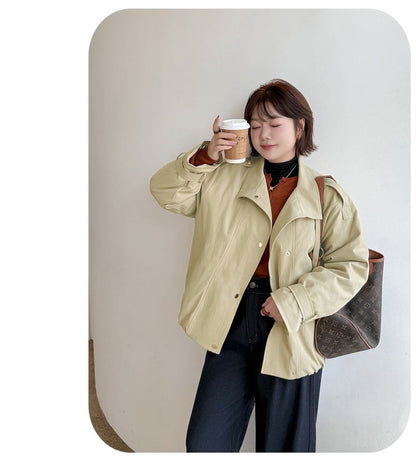 Plus Size Stand Collar Button-Up Plain Jacket