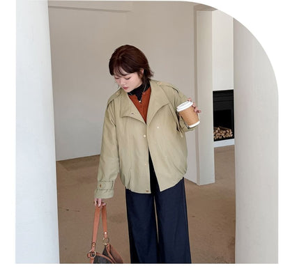 Plus Size Stand Collar Button-Up Plain Jacket