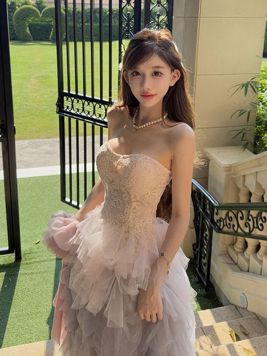 Strapless Floral Embroidered High Low A-Line Cocktail Dress