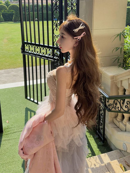 Strapless Floral Embroidered High Low A-Line Cocktail Dress