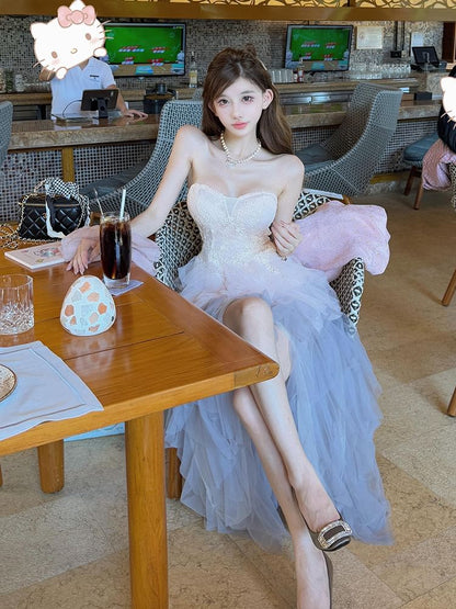 Strapless Floral Embroidered High Low A-Line Cocktail Dress