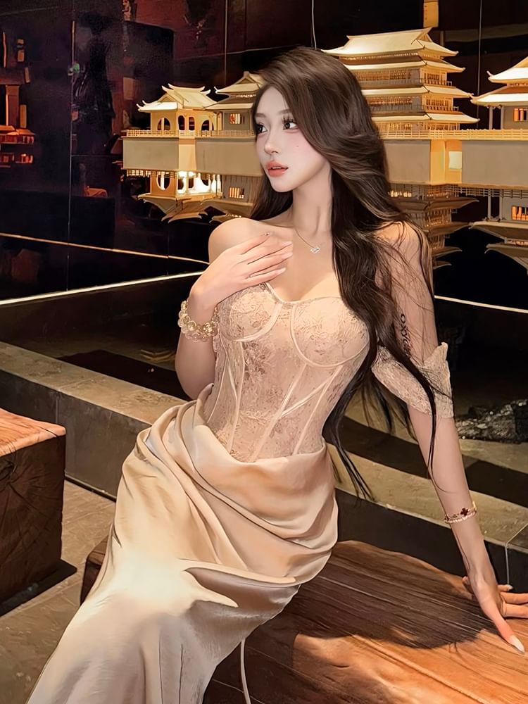 Off-Shoulder Lace Panel Ruched Corset Sheath Evening Gown