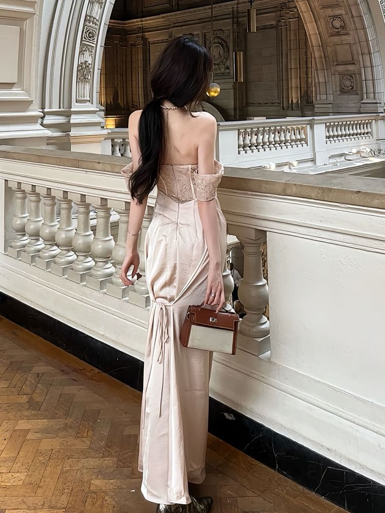 Off-Shoulder Lace Panel Ruched Corset Sheath Evening Gown