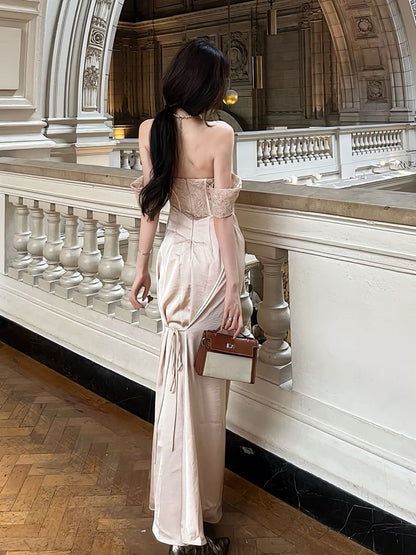 Off-Shoulder Lace Panel Ruched Corset Sheath Evening Gown