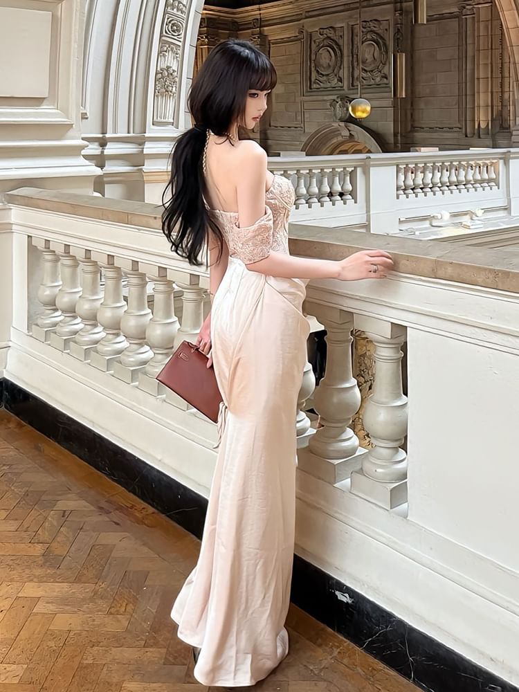 Off-Shoulder Lace Panel Ruched Corset Sheath Evening Gown