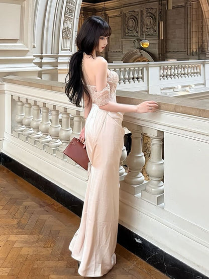 Off-Shoulder Lace Panel Ruched Corset Sheath Evening Gown