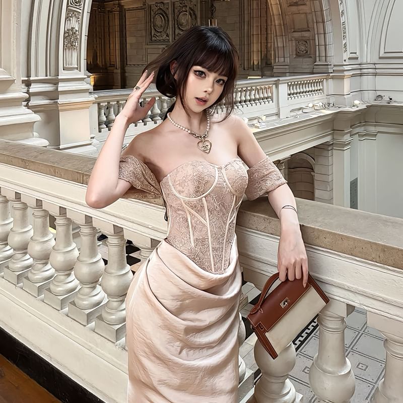 Off-Shoulder Lace Panel Ruched Corset Sheath Evening Gown