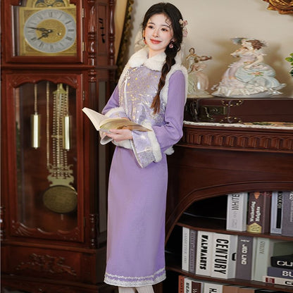 Long Sleeve Floral Embroidered Panel Midi A-Line Qipao / Collared Fluffy Panel Jacquard Button Vest