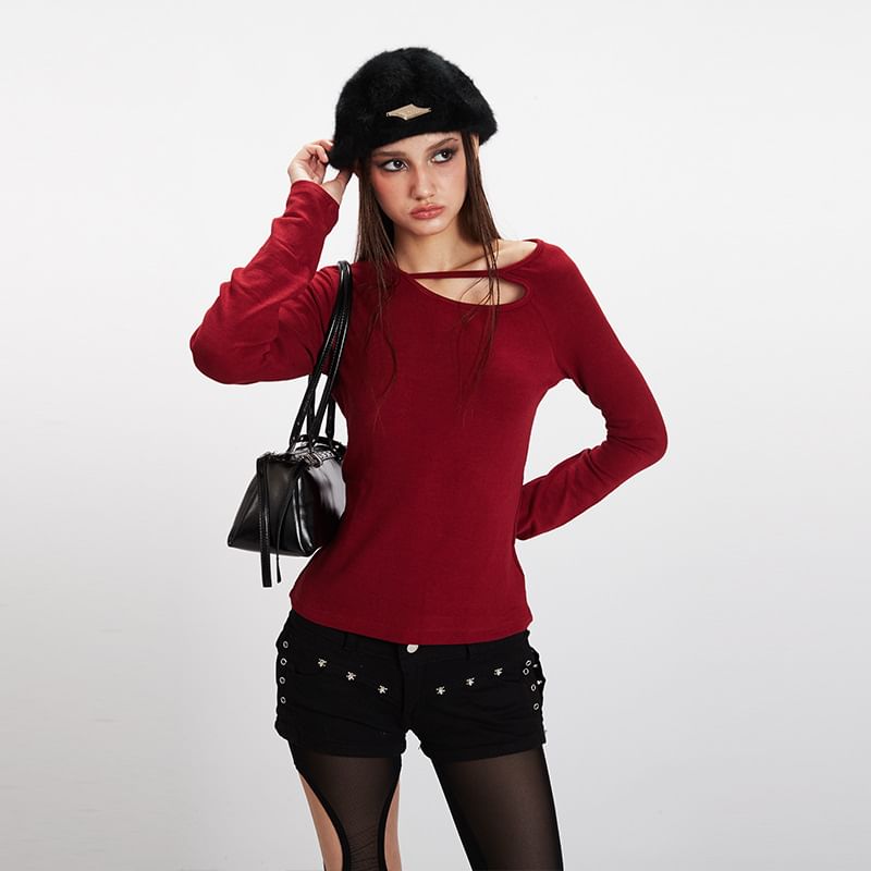 Cut-Out Detail Slim Tee with Long Sleeves