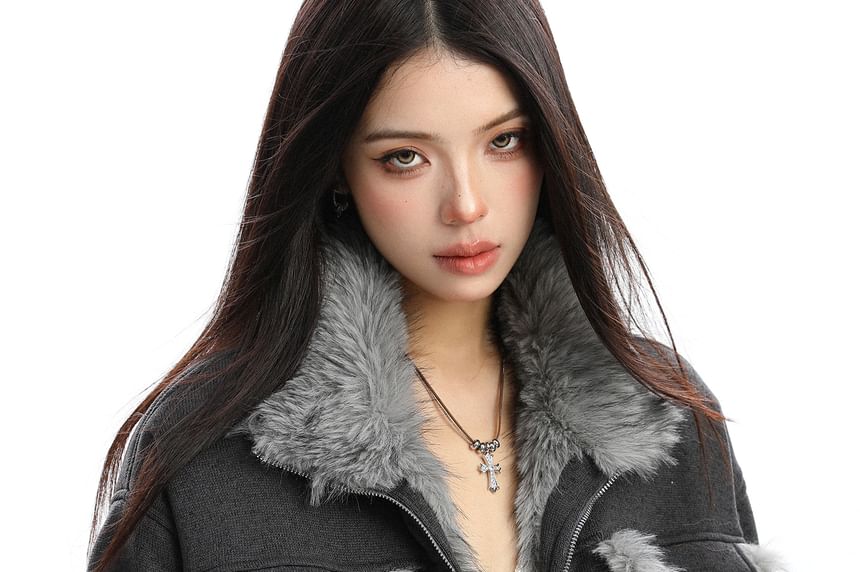 Collared Reversible Panel Faux Fur Zip Jacket