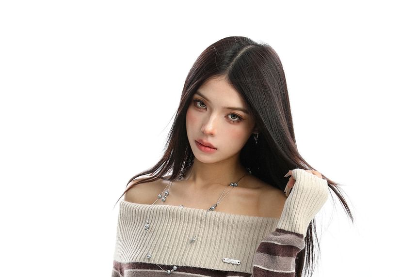 Bardot Offshoulder Striped Knit Pullover Sweater