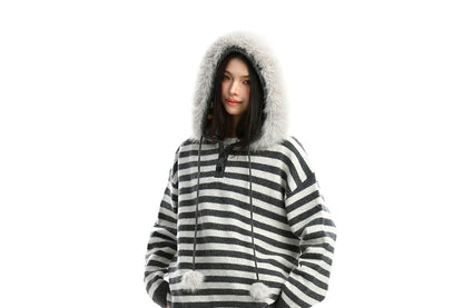 Fluffy Trim Striped Hooded Pom Pom Buttoned Sweater