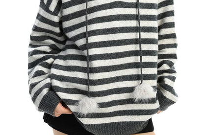 Fluffy Trim Striped Hooded Pom Pom Buttoned Sweater