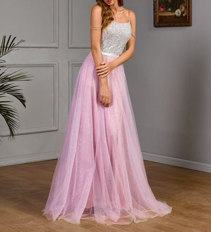Spaghetti Strap Sequin Panel Mesh A-Line Evening Gown