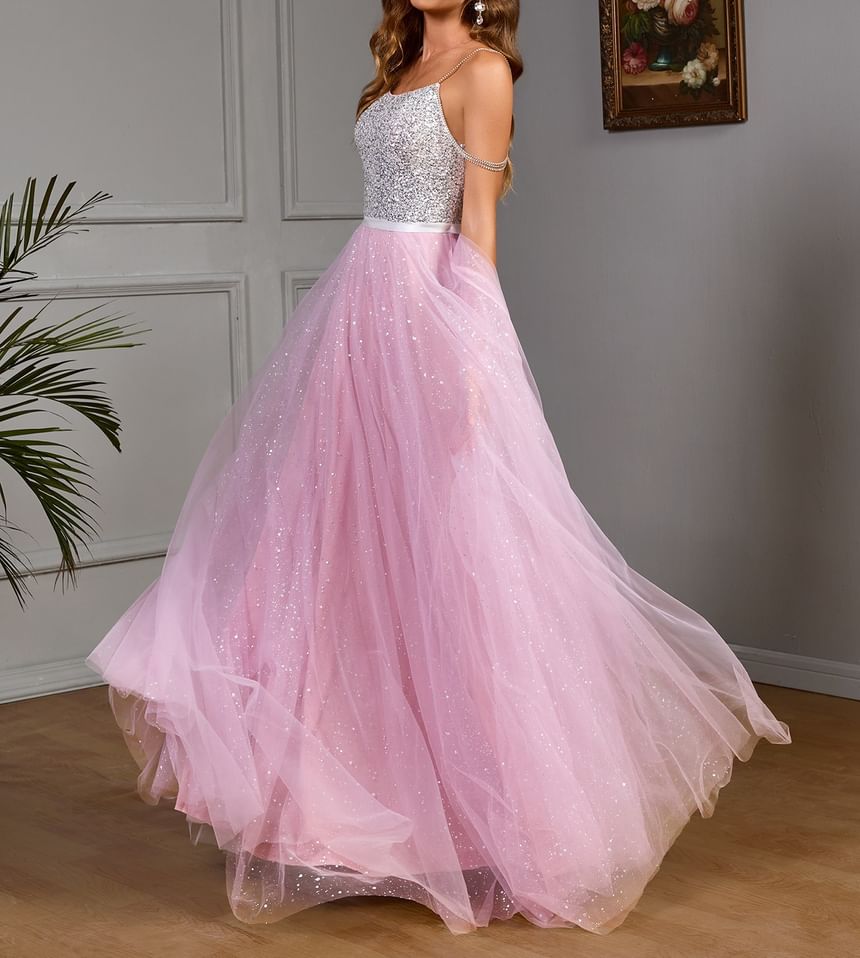Spaghetti Strap Sequin Panel Mesh A-Line Evening Gown