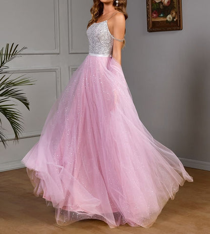 Spaghetti Strap Sequin Panel Mesh A-Line Evening Gown