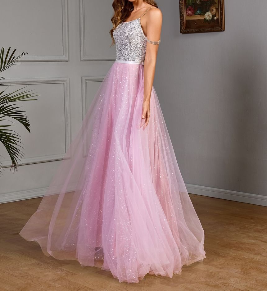 Spaghetti Strap Sequin Panel Mesh A-Line Evening Gown