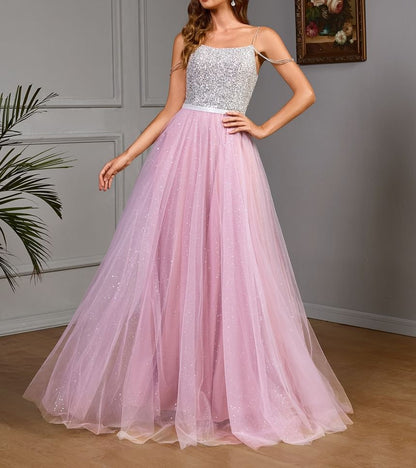 Spaghetti Strap Sequin Panel Mesh A-Line Evening Gown
