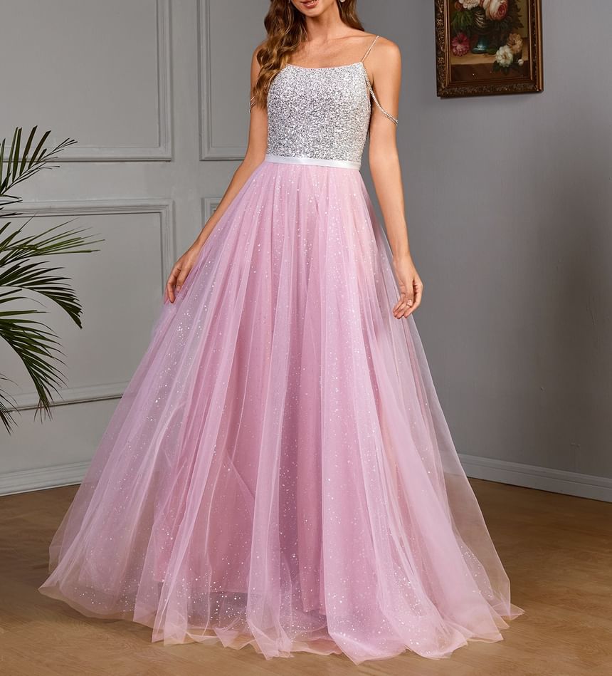 Spaghetti Strap Sequin Panel Mesh A-Line Evening Gown
