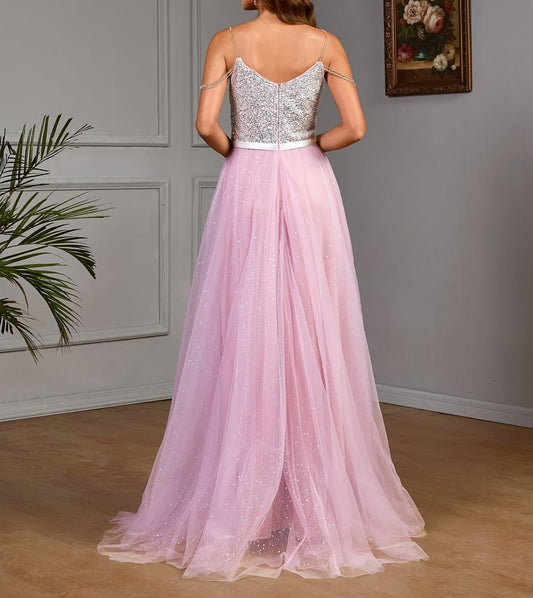 Spaghetti Strap Sequin Panel Mesh A-Line Evening Gown