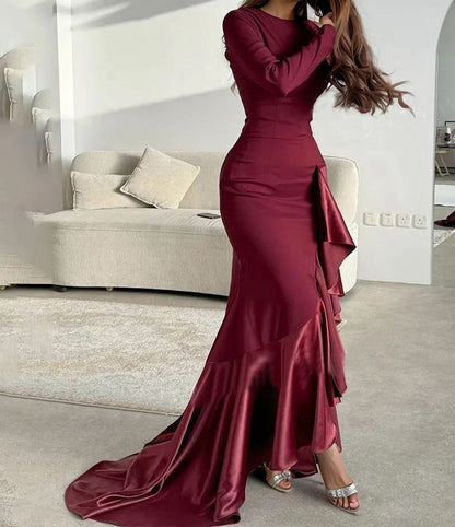 Long Sleeve Round Neck Plain Panel Satin Mermaid Evening Gown