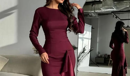 Long Sleeve Round Neck Plain Panel Satin Mermaid Evening Gown
