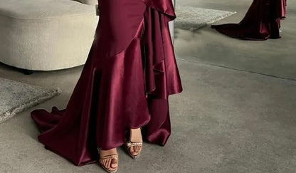 Long Sleeve Round Neck Plain Panel Satin Mermaid Evening Gown