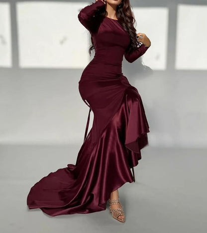 Long Sleeve Round Neck Plain Panel Satin Mermaid Evening Gown