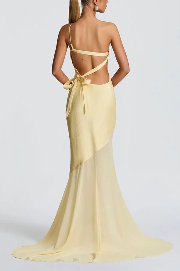 Sleeveless One Shoulder Plain Tie Back Panel Mesh Trumpet Evening Gown