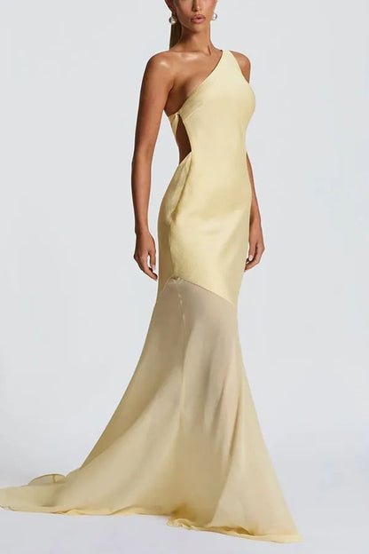 Sleeveless One Shoulder Plain Tie Back Panel Mesh Trumpet Evening Gown