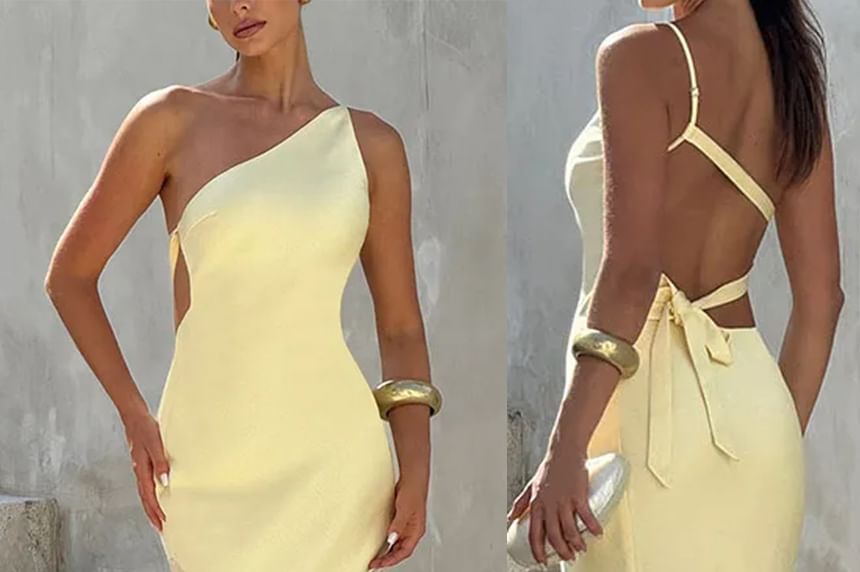 Sleeveless One Shoulder Plain Tie Back Panel Mesh Trumpet Evening Gown