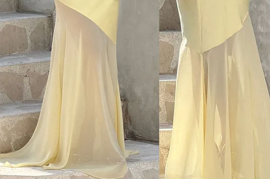 Sleeveless One Shoulder Plain Tie Back Panel Mesh Trumpet Evening Gown