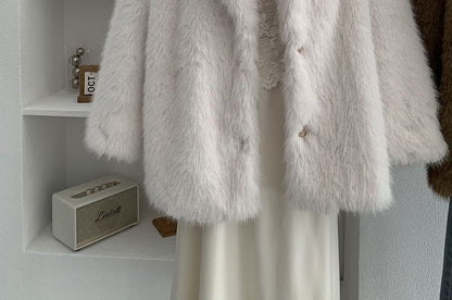 Lapel Collar Fluffy Button-Up Plain Jacket