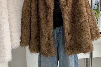 Lapel Collar Fluffy Button-Up Plain Jacket