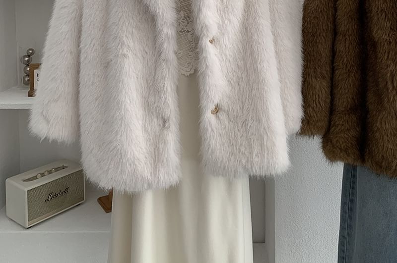 Lapel Collar Fluffy Button-Up Plain Jacket