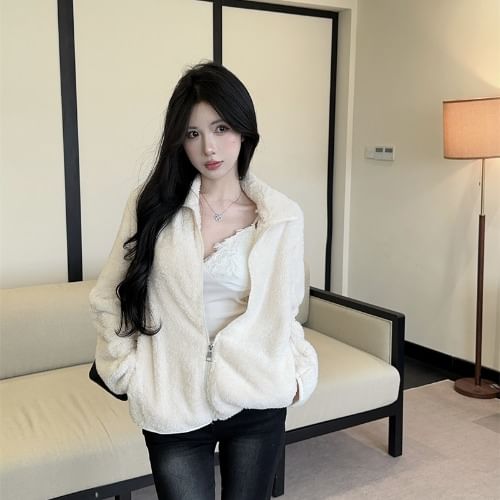 Stand Collar Fluffy Zip-Up Plain Jacket