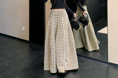 Solid Long Sleeve Knit Top & Plaid Maxi A-Line Skirt Set